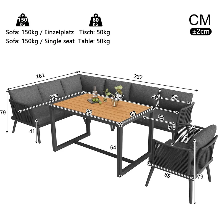 Merax Gartenlounge-Set, 7-Sitzer L-förmiges Gartensofa-Set mit Sessel, geflochtenen Armlehnen, Wetterfeste Eckgarnitur aus Eisen, mit Holz-Couchtisch, Mit Polstern & Kissen, Grau – Bild 4