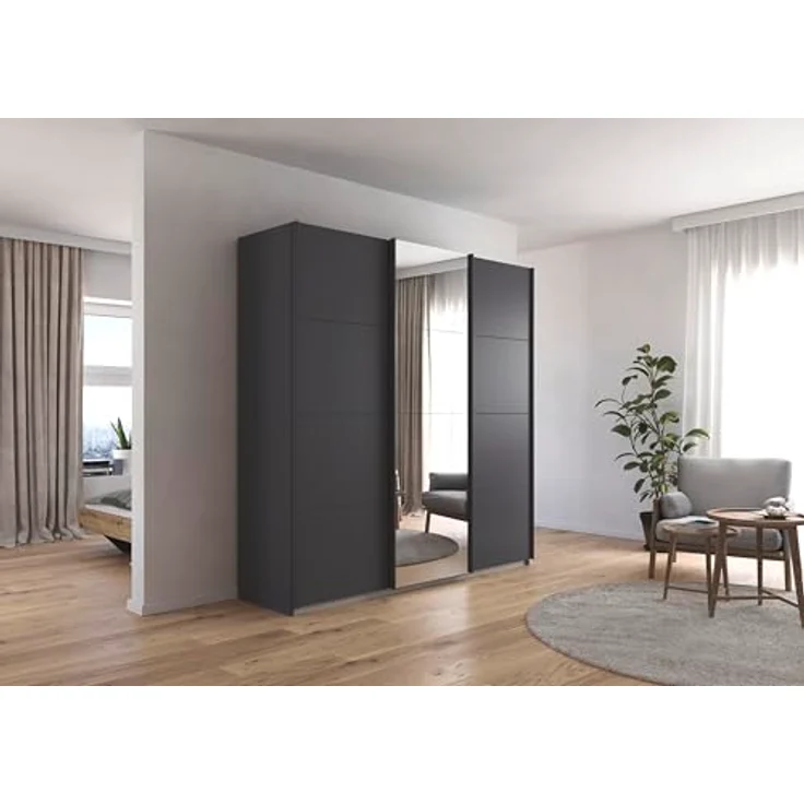 Rauch Möbel Kulmbach, Kleiderschrank mit Schwebetüren für Schlafzimmer, Kinderzimmer, Jugendzimmer, Garderobe, Flur, 3-türig, mit Spiegel, Zubehör Basic, Farbe Grau metallic, Schwarz, Breite 203 cm – Bild 2
