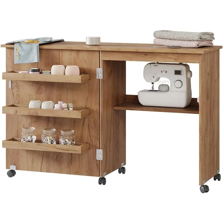 Nähtisch Carmen Eiche 118 x 77.5 cm mit 3 Regalfächer Vicco – Bild 6