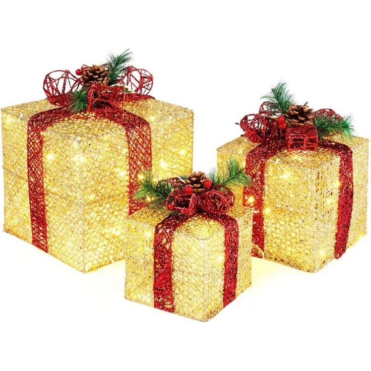 VINGLI LED Dekolicht 3er Set LED Geschenkboxen für Innen & Außen, 60 LED - Gold, mit Stecker, wetterfeste & stapelbar, warmweiß, Schleife, Gold – Bild 1
