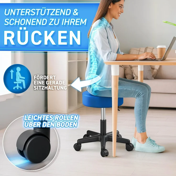 TRESKO® Rollhocker mit Lehne 150 kg Blau | Arbeitshocker höhenverstellbar 46-58 cm | Drehhocker mit Rollen | Bürostuhl Hocker Drehstuhl Kosmetikhocker – Bild 5