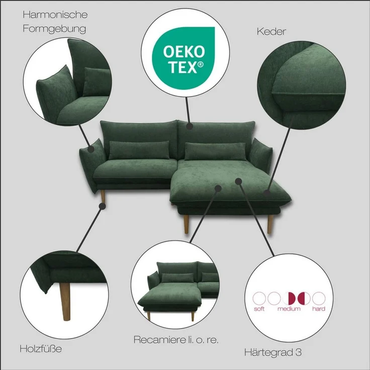 DOMO collection Ecksofa Leuven kompakte Stellmaße, Breite 200 cm, schmale Armlehnen, L-Form, angenehm feste Polsterung, bodenfrei, 19 cm hohe Holzfüße – Bild 2
