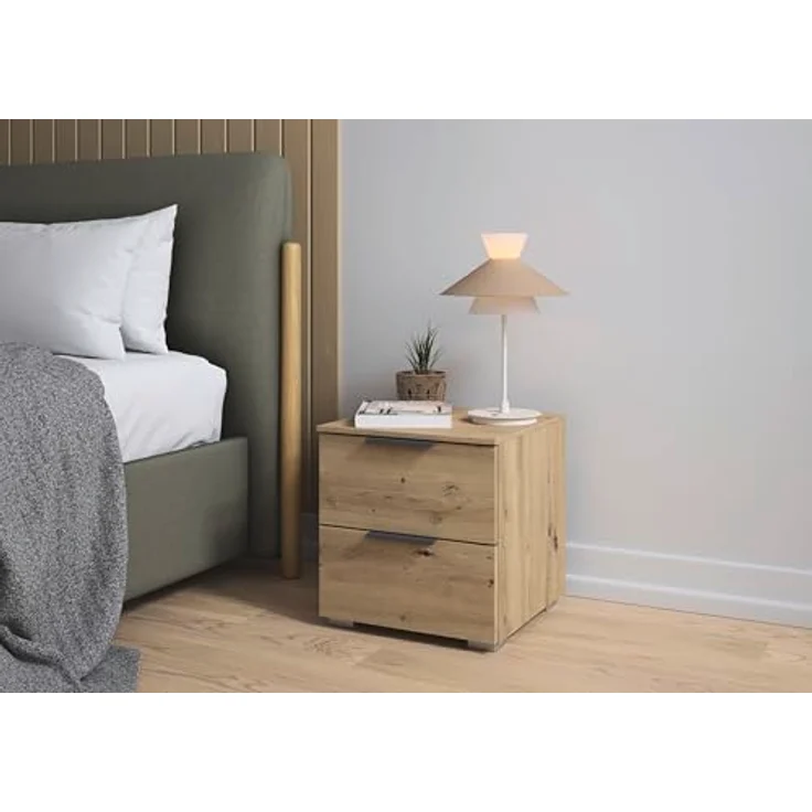Rauch Möbel Alabama, Nachttisch-Paar für Schlafzimmer, Kinderzimmer, Gästezimmer, mit je 2 Schubladen, Soft-Close-Funktion, Farbe Eiche Artisan, Holz, Griff Grau metallic, Schwarz, Maße 40 x 42 x 42 cm – Bild 2