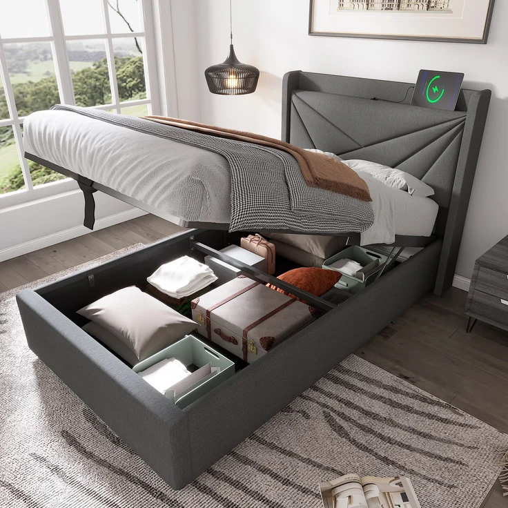 Polsterbett Baumwoll-Leinen mit Bettkasten & USB-Anschluss, 96x208x107 cm, Grau, ohne Matratze – Bild 1