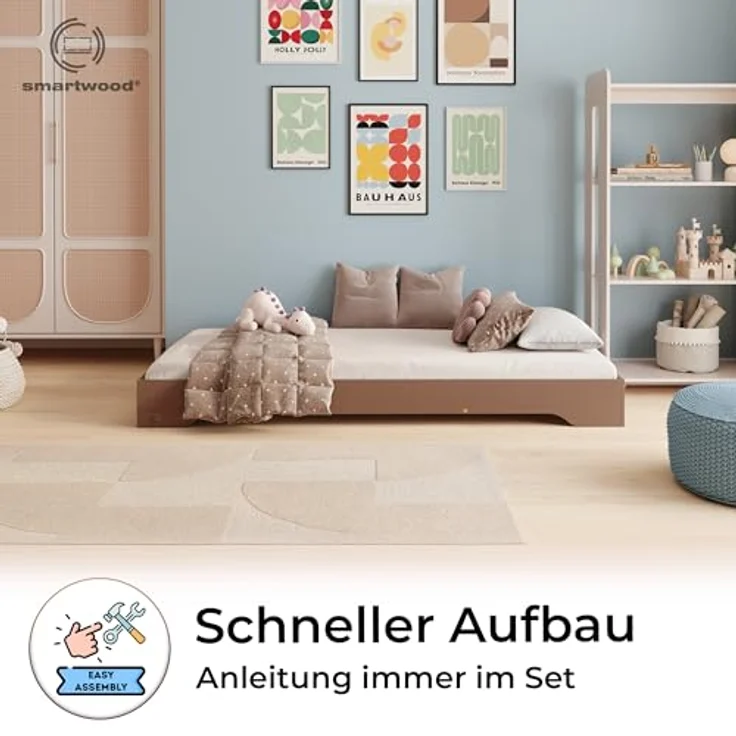 smartwood Kinderbett 140x200 Braun - Bodenbett aus Kiefernholz mit FSC-Zertifikat - Montessori Bett mit geradem Lattenrost bis zu 300 kg für Jungen und Mädchen - Einfache Montage - TILA 7 – Bild 5