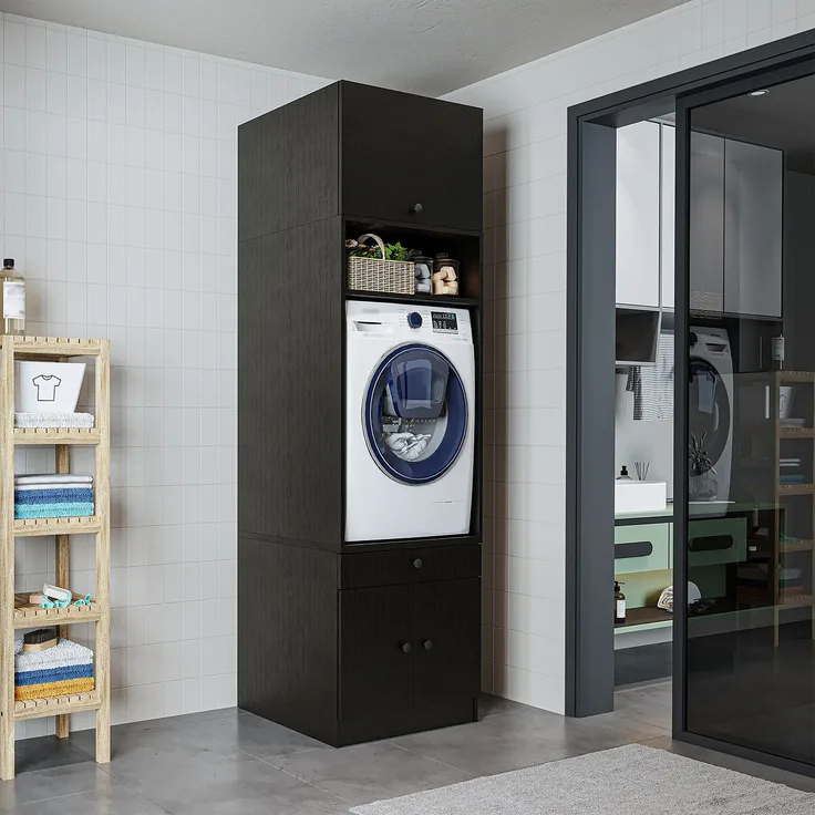 Roomart Waschmaschinenschrank SERIE 1 – 65 cm breit mit Ausziehbrett, Waschmaschinen-Überbauschrank für Waschküche & Bad • Schwarz-Eiche