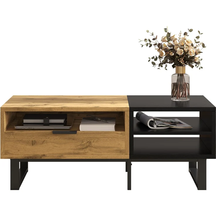 Couchtisch mit Schublade und 3 offenen Fächern, Wohnzimmertisch in Schwarz-Holz-Optik – Bild 9
