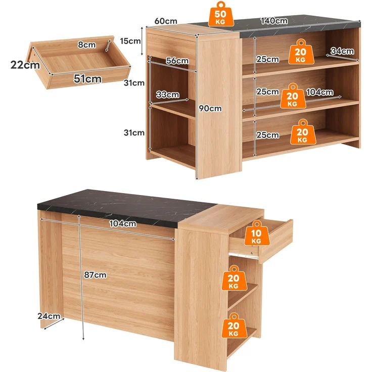Merax 140×60×90 cm Kücheninsel Bartheke, Bartisch, Esstisch, 5 Ebenen Stauraum & versteckte Schublade, verdickte Tischplatte, Eiche & Schwarz – Bild 4