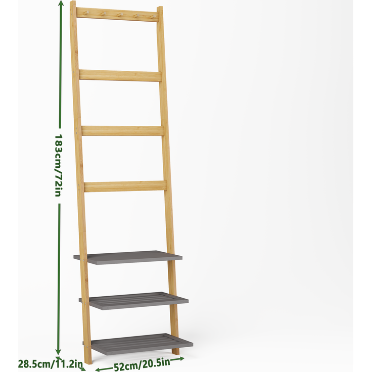 Handtuchleiter 52×28,5×183 cm aus Bambus mit 3 Ablagen und Haken – freistehendes Badregal in Natur – Bild 3