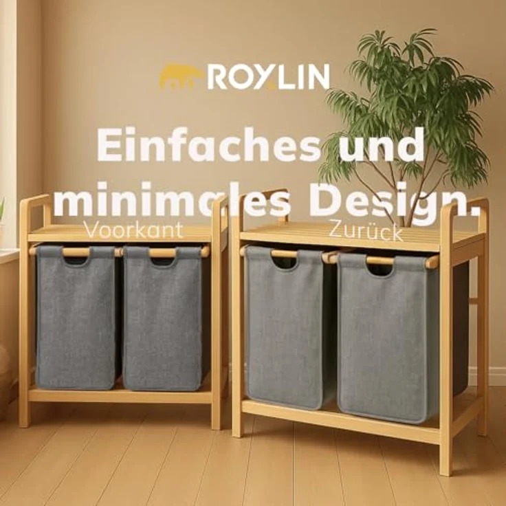Roxlin Wäschekorb aus Bambus, 100L mit 2 Fächern und herausnehmbarer Ablage, grau – Bild 5