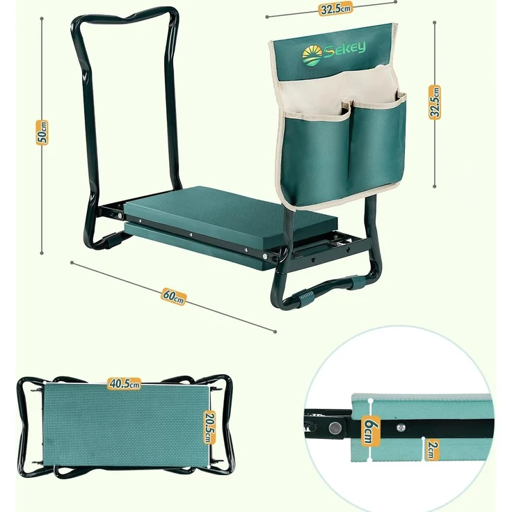 Sekey Höhenverstellbare Kniebank für Gartenarbeit Belastbarkeit 160KG, Gartenhocker Klappbar mit Werkzeugtaschen, Kniehilfe für Gartenarbeiten 60 * 50 * 28 cm, Grün (Standard) – Bild 2