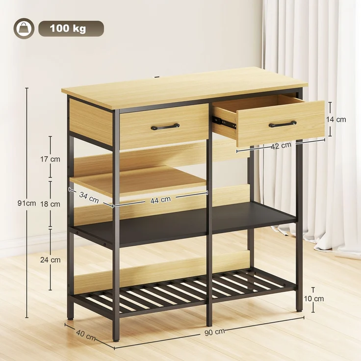 MELAYR, Sideboard, Kommode mit 2 Schubladen, 3 offenen Regalen Küchenschrankfür Küche, 90 x 40 x 91 cm, Naturholz – Bild 5