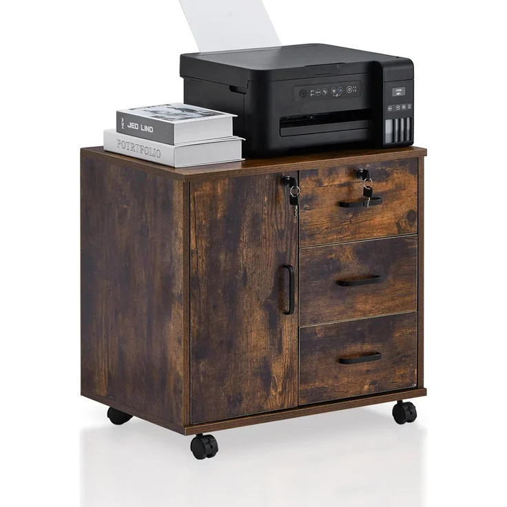 TUKAILAI Rollcontainer Aktenschrank aus Holz, Abschließbar Büroschrank mit 3 Schubladen und Tür, Mobiler Schreibtisch Unterschrank mit 4 Rollen für Büro Arbeitszimmer Wohnzimmer, 40×60×57 cm, Braun – Bild 1