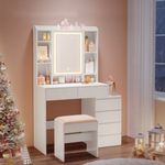 Vasagle Schminktisch mit Spiegel, Hocker und LED-Beleuchtung, Holzspanplatte Wolkenweiß, 97,5 x 40 x 145 cm