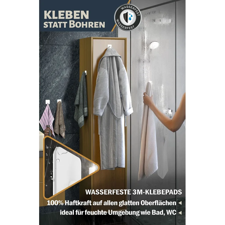 Lindenstein Handtuchhaken 6er-Set Weiß – Edelstahl V2A, selbstklebend mit 3M-Pads – Bild 4