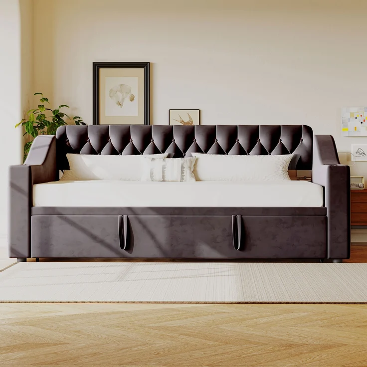 Schlafsofa Polsterbett, 2-Sitzer auf 90/180 x 190 cm erweiterbar, mit breiten und dicken Armlehnen, USB-Ladeanschluss, integrierte Ablage in Armlehnen, Ablagetaschen, mit Lattenrost, Samtstoff, dunkelgrau, 90/180 x 190 cm – Bild 2