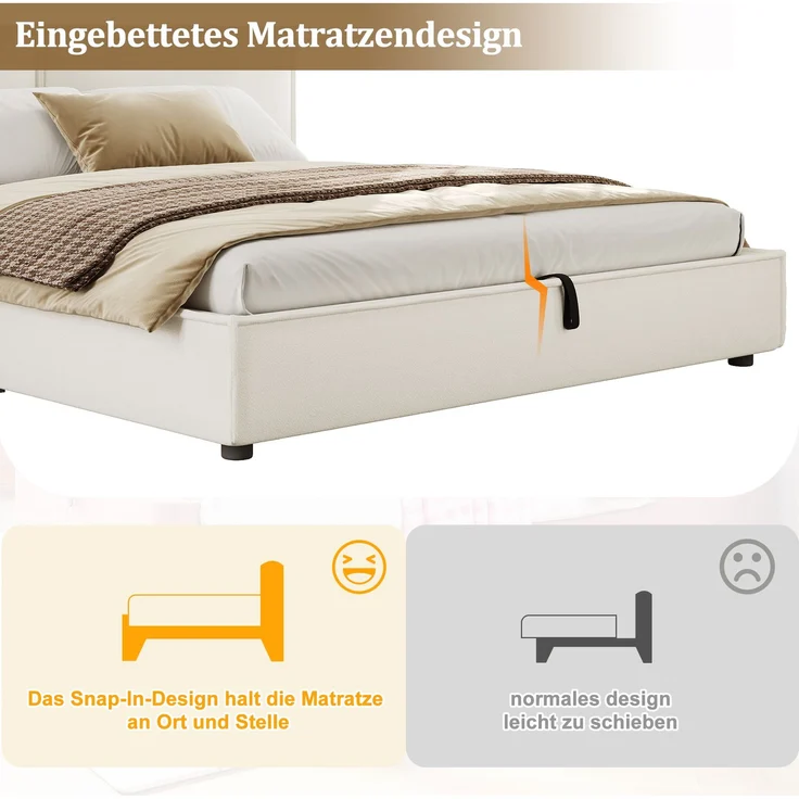 U-life Polsterbett 180x200 cm, fürs Schlafzimmer, Doppelbett, Hydraulisches Funktionsbett, Bett mit Lattenrost, Kopfteil, Chenille, Weiß – Bild 8