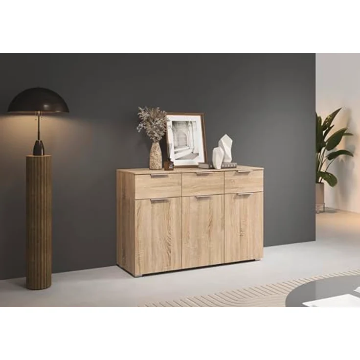 Rauch Möbel Alabama, Kommode für Schlafzimmer, Kinderzimmer, Garderobe, Flur, 3-türig, mit 3 Schubladen, Soft-Close-Fuktion, Farbe Eiche Sonoma, Holz, Griff Alufarben, Maße 120 x 81 x 42 cm – Bild 3