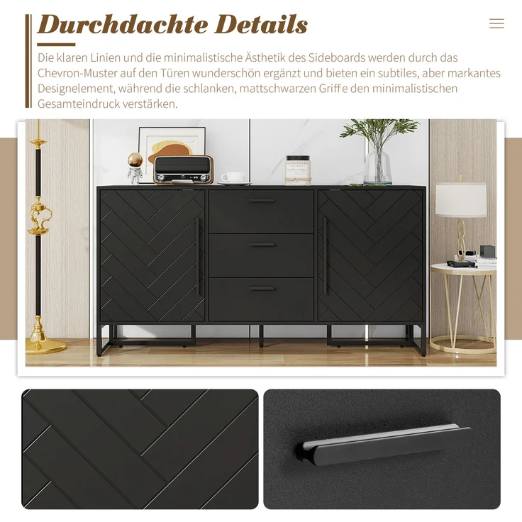 Merax Kommode, Schwarzes elegantes Sideboard mit Fischgrätenmuster, mit 2 Türen und 3 Schubladen für Esszimmer, Küche und Wohnzimmer – Bild 6