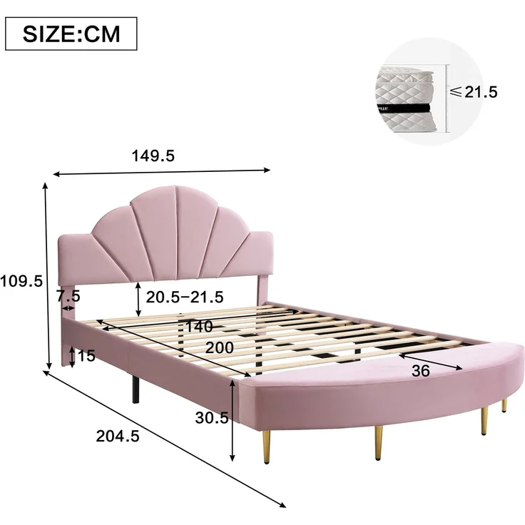 Merax Polsterbett, 140x200cm Doppelbett Samtkopfteil, Mit einer Bettbank in gleicher Farbe, Weiche Antikollisions-Schwammkante, Stabiler Bettrahmen, Rosa – Bild 4