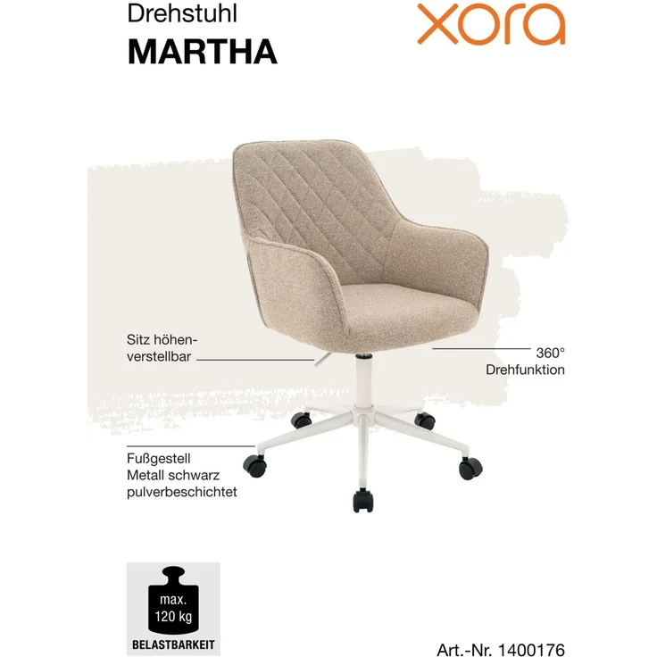 XORA 'MARTHA' Drehstuhl, Webstoff natur, 57 x 100 x 62 cm, höhenverstellbar und 120 kg belastbar – Bild 4