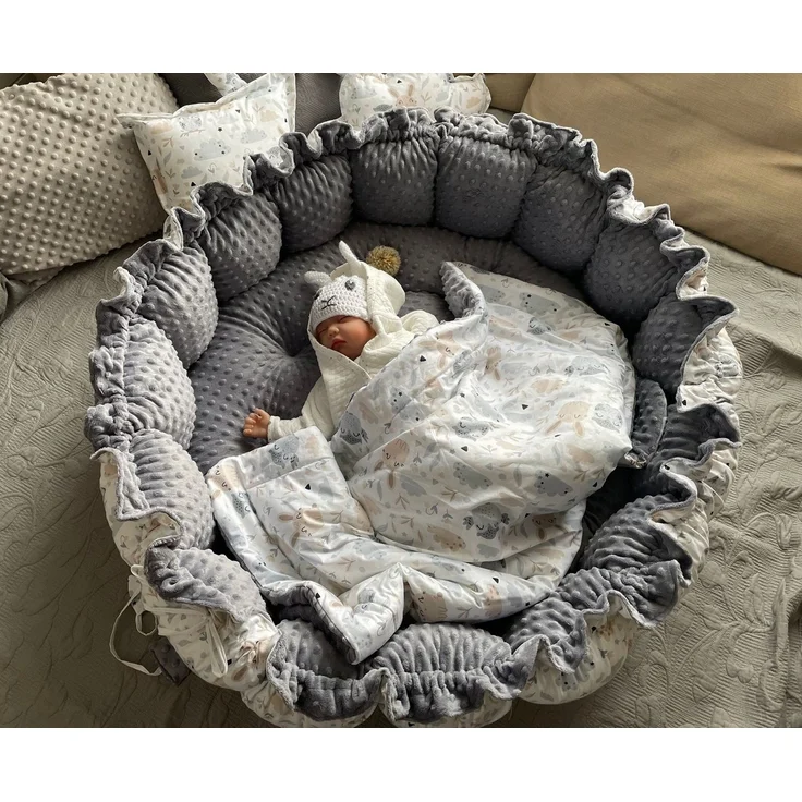 Loolay Bettnestchen MINKY Graphit/ HASE Beige-Weiß ENGELSNEST Babynest, Unterlage, (PREMIIUM XXL als Nestchen Ø90cm, als Krabbeldecke Ø155cm, Original LOOLAY® Babynestchen Spielmatte Reisebett ►SETS MIT ZUBEHÖR), 100% Europäische Stoffe und Kleinserien... – Bild 2