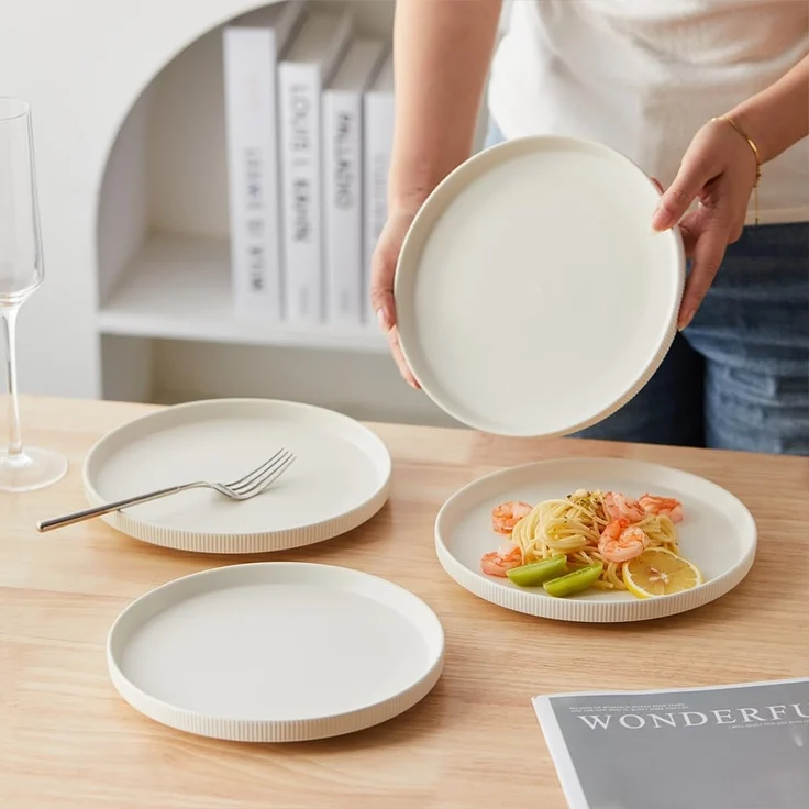 JIWOO Teller 4er Ø21,3cm, Speiseteller Steakteller Dessertteller Brotteller Plate, (4 St), Keramik Hochwertiges Tellerset Weiß Mikrowellen spülmaschinenfest – Bild 8