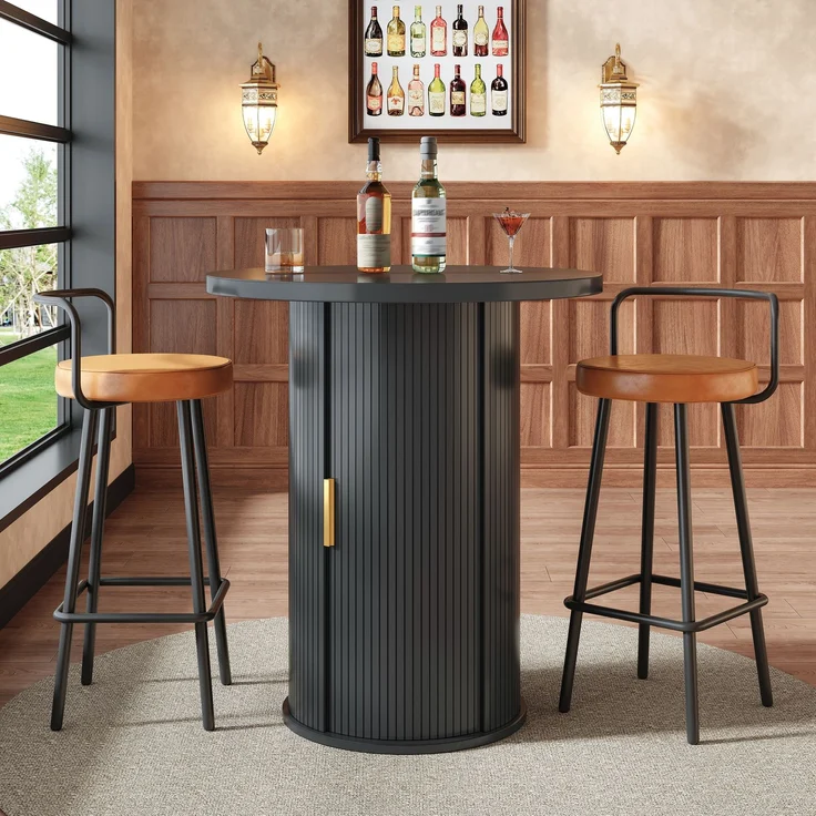 Runder Bartisch mit Stauraum, 91,6cm hoher Stehtisch mit Schrank, MDF Holzoptik, Belastbar bis 75kg, für Bar & Wohnzimmer – Bild 2