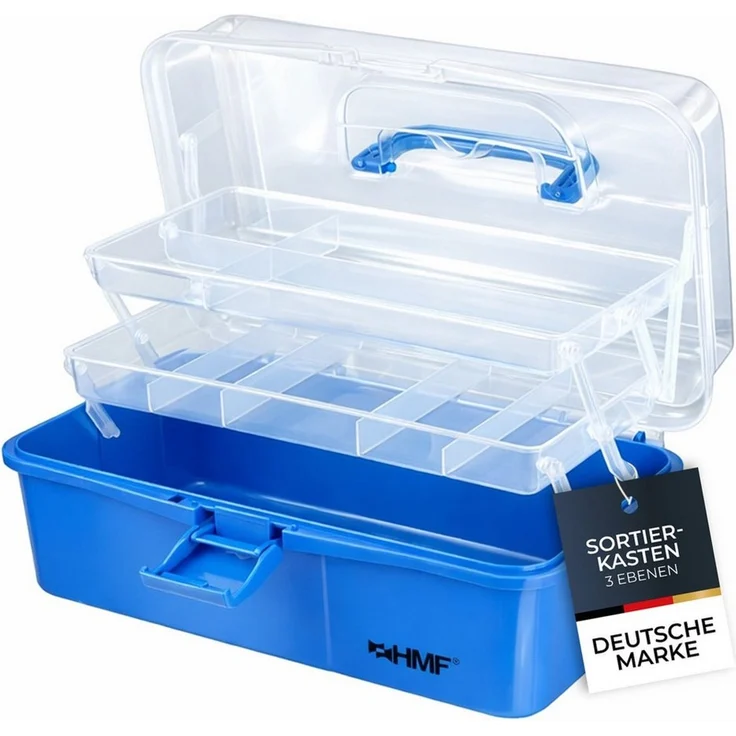 HMF Aufbewahrungsbox Nähkasten aufklappbar mit 3 Ebenen, Sortierbox mit 8 Fächern für, Kleinteile, 36,5 x 20,5 x 16 cm, Blau – Bild 5