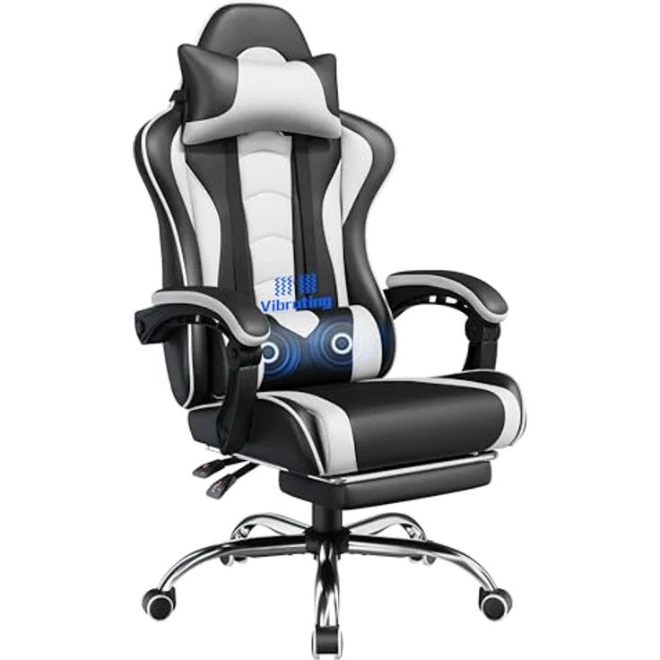 Yaheetech Gaming Stuhl Ergonomischer Gamer Stuhl mit Massagefunktion Computerstuhl mit Fußstütze Bürostuhl 90-135° Rückenlehne verstellbar Gaming Sessel PC Stuhl Weiß – Bild 2