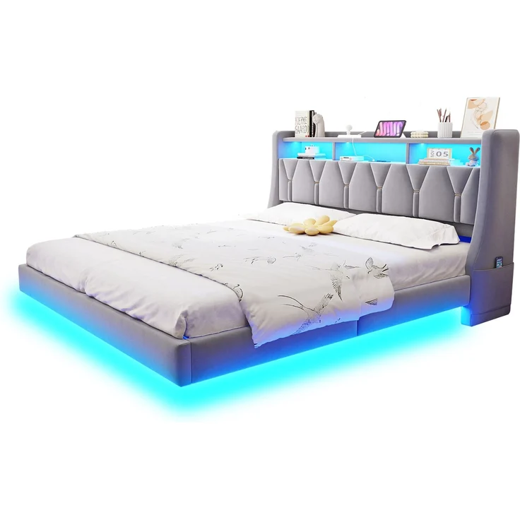 U-life Polsterbett 180x200 cm, fürs Schlafzimmer, klappbar, LED-Beleuchtung, Gepolstertes Kopfteil, Verbreiterte Bettbeine, Sperrholz, Hellgrau – Bild 8