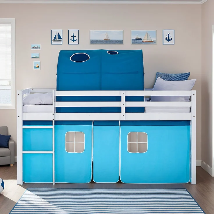 Hochbett Kinder 90x200 cm mit Matratze Kinderbett Kinderhochbett Stockbett Tunnel Vorhang Blau Holz Massiv Lattenrost – Bild 8