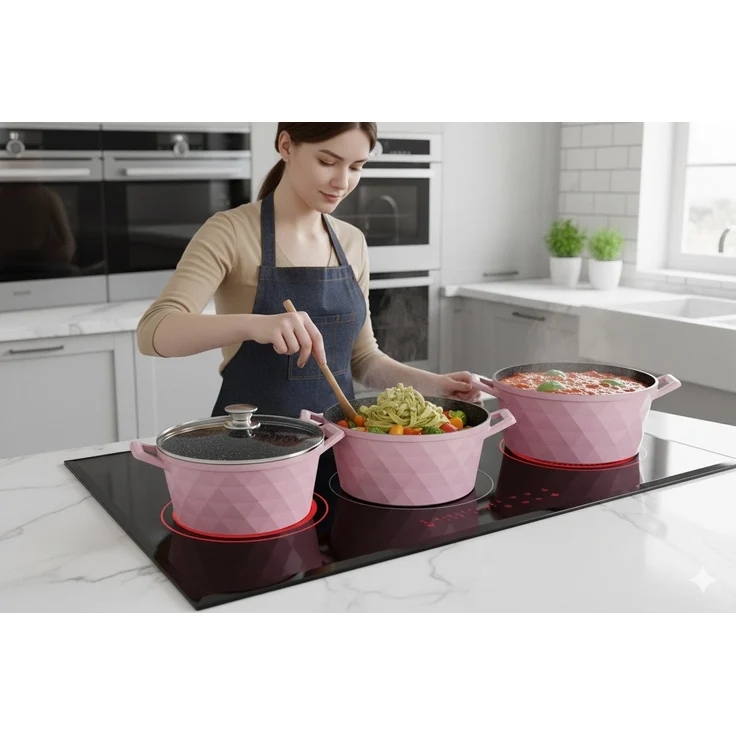 Kochtopf Kasserolle Topf Set 6-tlg pink Glasdeckel Cheffinger CF-DIAC03 – Bild 3