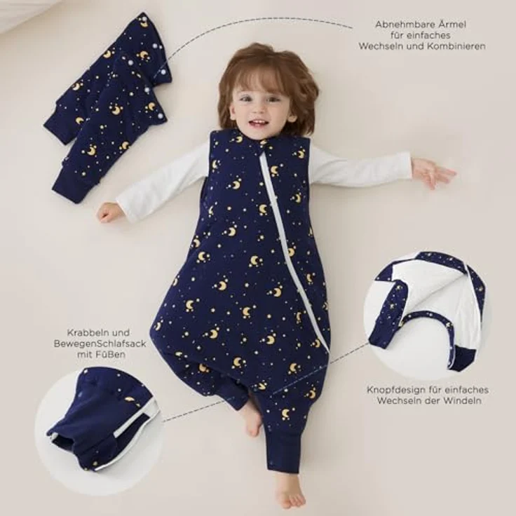 Duomiaomiao Baby Schlafsack mit Füßen 3.5 tog, winterschlafsack 100% Baumwolle Baby, Mädchen mit Schlafsack, Cartoon-Laub（der Mond die Sterne/65CM – Bild 4