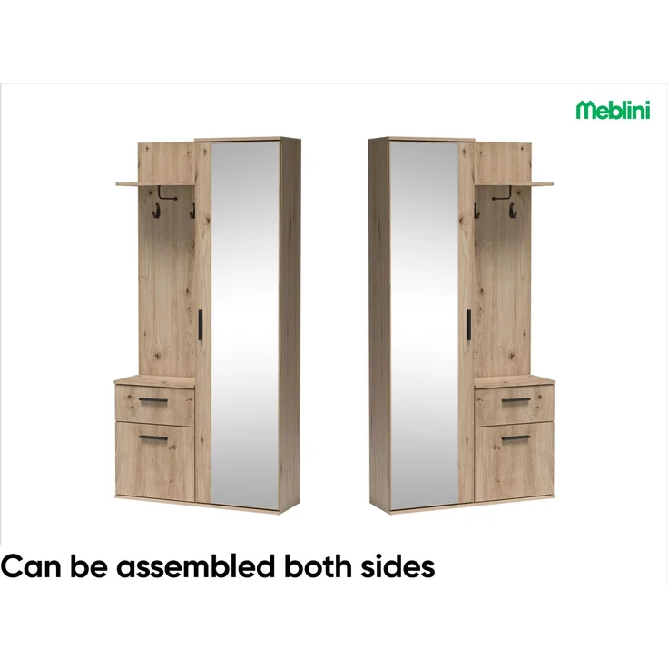 MEBLINI Garderobenschrank LUXOR 97cm - Artisan Eiche - mit Spiegel - 97x30x195cm R/L - Garderobe Schrank - Flurgarderobe schmal - Garderobe Flur Möbel Set - Flurschrank hoch – Bild 2