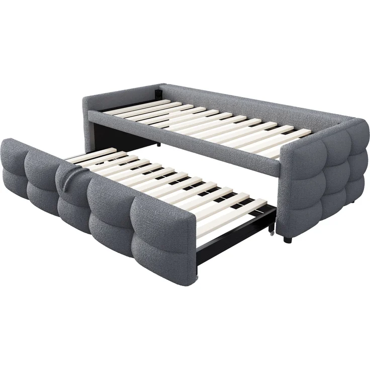ZUBALIYA Schlafsofa 90x180 cm, ausziehbare Liegefläche, Lattenrost, Leiter, mit Teddy-Stoffbezug, Grau, ohne Matratze – Bild 9