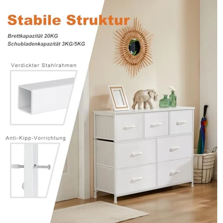 DUMOS Kommode für Schlafzimmer mit 7 Stoffschubladen hohe Kommode Organizer für Kleidung Schrank Kinderzimmer Aufbewahrungsturm mit Schrank Metallrahmen Holzplatte leichte Kinderzimmermöbel – Bild 8