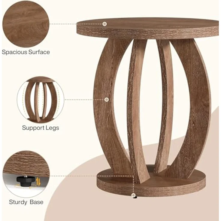 LITTLE TREE Beistelltisch Rund Holz, Couchtisch Vintage Pastoralstil, 50 cm Runder Beistelltisch mit Stauraum, Nachttisch Kleiner Tisch Sofatisch für Wohnzimmer Schlafzimmer Balkon, Braun – Bild 4