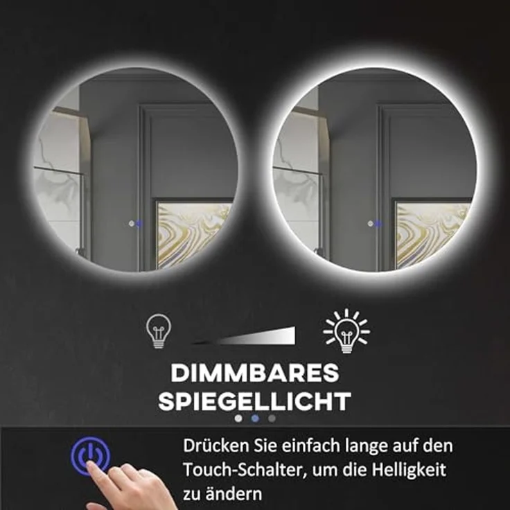 Kleankin Spiegel mit Beleuchtung, Touch-Schalter, Memory-Funktion (Wandspiegel, 1-St, Badezimmerspiegel), mit Anti-Beschlag, Ø60 x 3,5 cm – Bild 4