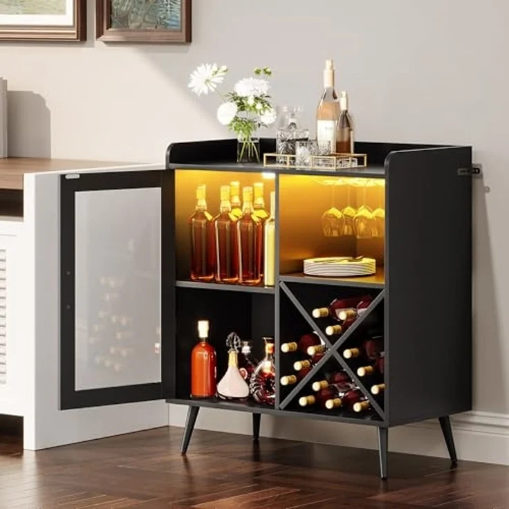 YITAHOME Kleiner Barschrank mit LED-Lichtern, Acryltür & Weinregal, Kaffeebar mit Getränkehaltern, Sideboard für Hausbar, Esszimmer, Wohnzimmer oder Küche, Schwarz – Bild 2