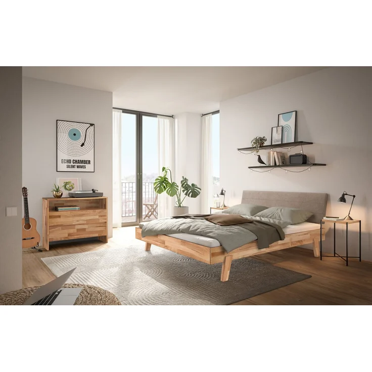 Hasena Massivholzbett Vasto Kernbuche mit Polsterkopfteil, Bezug Pace Sand 160x200 cm, Fußhöhe 20 cm – Trento – Bild 2