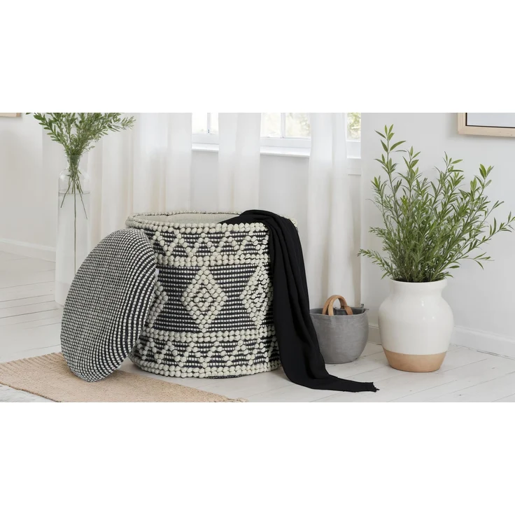 Hocker Boho Wolle Grau-Creme Ø40x45cm mit Stauraum & abnehmbarem Deckel – Bild 4