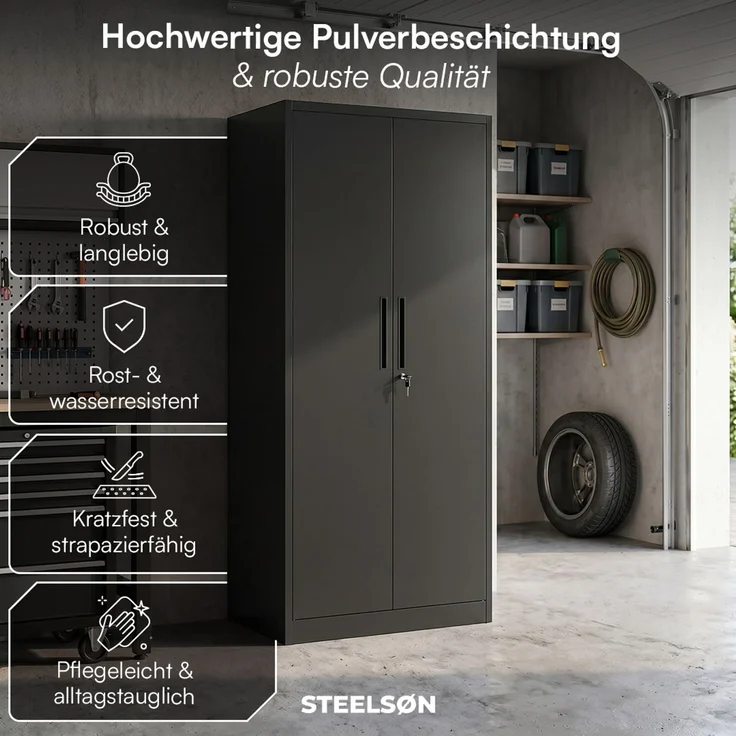 STEELSØN 'Regulus' Garderobenschrank mit 6 Fächern und Kleiderstange, Metall, schwarz, 175x40x80 cm, abschließbar, inkl. Schloss – Bild 2