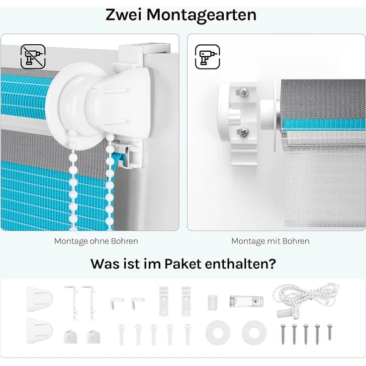 WOLTU Doppelrollo Klemmfix ohne Bohren Weiß+Grau+Türkis B85 x H150 cm, Duo Rollo Zebrarollo Fensterrollo Klemmrollo Seitenzugrollo Easyfix lichtdurchlässig & verdunkelnd Rollos für Fenster und Tür – Bild 4