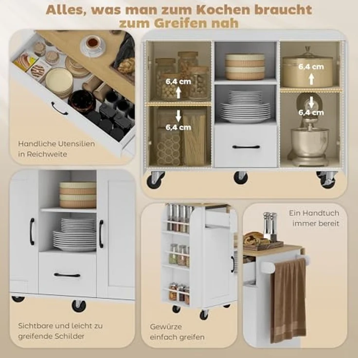 HOMCOM Servierwagen Küchenwagen, (Küchenrollwagen, 1 St, Küchenwagen auf Rollen), mit Rollen, Handtuchstange, Weiß – Bild 3