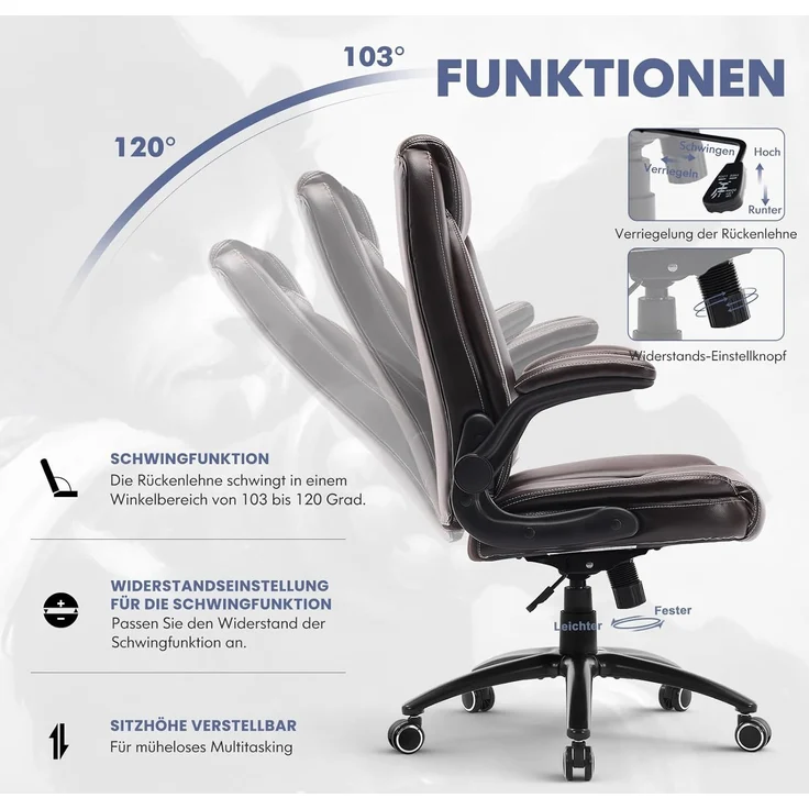 COLAMY Ergonomischer Bürostuhl, Office Bürostuhl Ergonomisch, 360° Drehung Chefsessel Schreibtischstuhl mit Hochklappbaren Armlehnen, Verstellbarer Rückenlehne, Höhe & Kippspannung, Braun – Bild 4