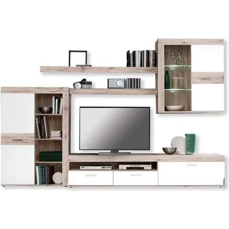 FORTE Zumba Wohnwand mit LED Beleuchtung, Holzwerkstoff, Beige/Braun/Weiß, 300 x 200,9 x 41 cm