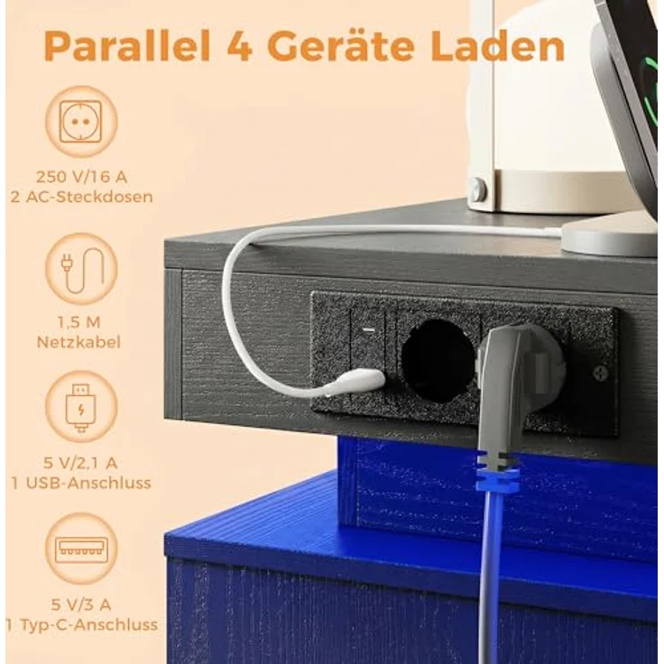 IRONCK Nachttisch 2er Set mit LED-Lichtern & 2 AC-Steckdose, Beistelltisch mit USB+Typ-C Anschlussen, Nachtschrank mit 2 Schubladen, Sofatisch für Schlafzimmer, Wohnzimmer, Grau – Bild 5