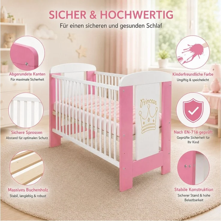 Best for Kids Babybett 120x60cm mit und ohne Matratze, 4-teilig, aus Buchenholz, 1-tlg, Kinderbett, Babybett 60x120 cm mit 3 herausnehmbare Schlupfsprossen – Bild 3