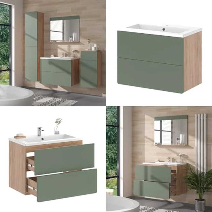 Vichy Badmöbelset Izan, 2-teiliges Badmöbel-Set in Goldkraft Eiche/Grün mit Waschbeckenunterschrank und Spiegelschrank mit Beleuchtung – Bild 8